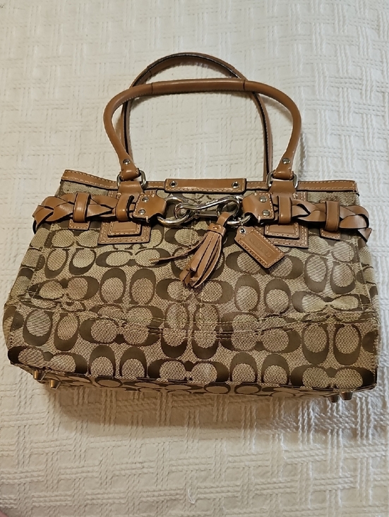 Coach Handbags - Coach Tan Signature Canvas Satchel with Leather Trim and Tassel